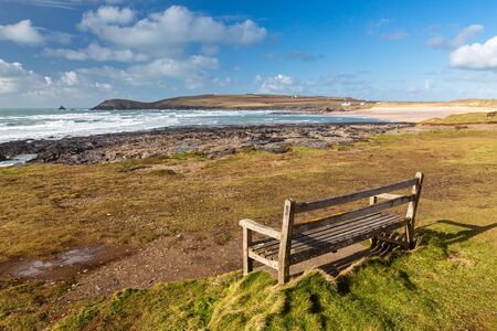 Overlooking the beautiful golden sandy beach at Constantine Bay Cornwall England UKの写真素材