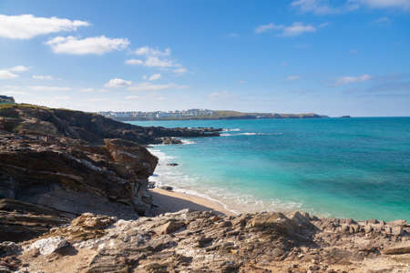 Sunny day overlooking Little Fistral Beach Newquay Cornwall England UKの写真素材