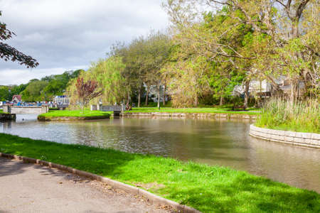 Summers day Lakeside at Newquay Boating Lake Cornwall England UK Europeの写真素材