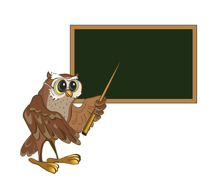 Owl-teacher stands at the blackboard with a pointer.のイラスト素材