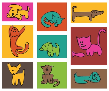 Children's stylized drawing. Cats and dogs. A set of cardsのイラスト素材