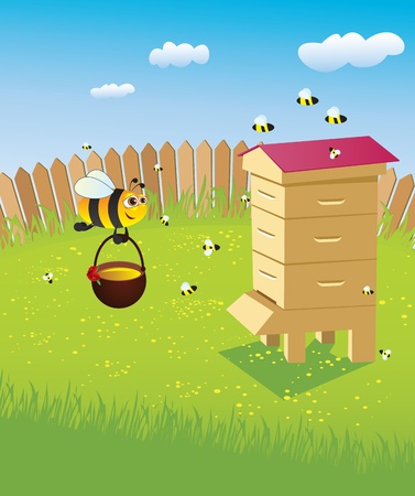 Beehive and bees. Apiary on the lawn Beehive and bees. Apiary on the lawn