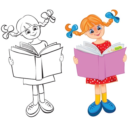 The girl reads the book. Contour and colorのイラスト素材