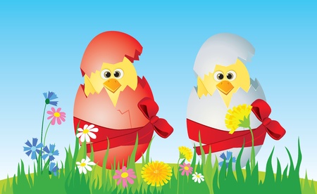 Easter eggs and  chicken on the lawnのイラスト素材