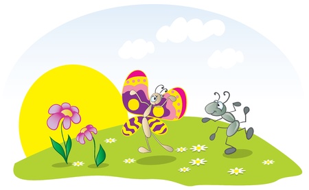 Dancing ant and butterfly on the lawnのイラスト素材