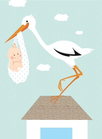 Stork and newborn baby on the roofのイラスト素材