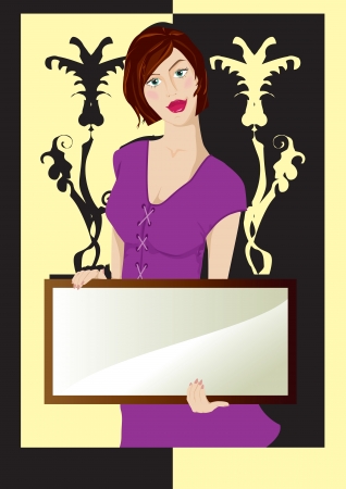 The girl holding the tablet on which your inscription can be placed, inviting to visit shop, cafe, charitable meeting and another のイラスト素材