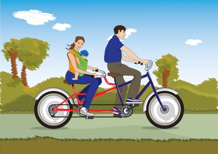The young married couple during weekend,walks on a bicycle-tandem with the small childのイラスト素材