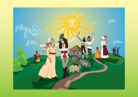 People in national suits joyfully meet sunrise, the beginning of new day, new life  the Moldavian fairy tale  のイラスト素材