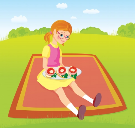 Girl on picnic and plate of sandwichesのイラスト素材