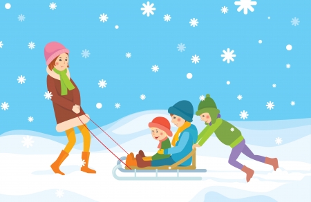 Children sledding  Winter backgroundのイラスト素材