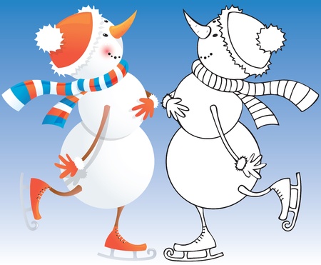 Christmas snowman on skates - color and outline illustration  Contains transparent objects used for shadowsのイラスト素材