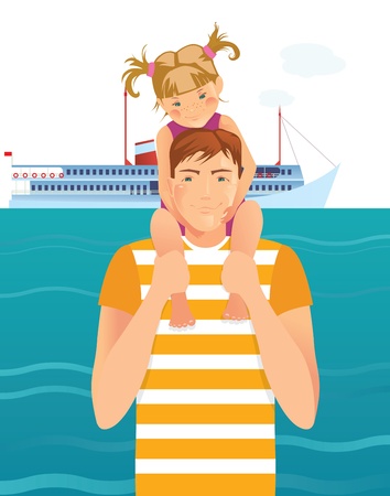 Father with daughter on his shoulders to the sea and the shipのイラスト素材