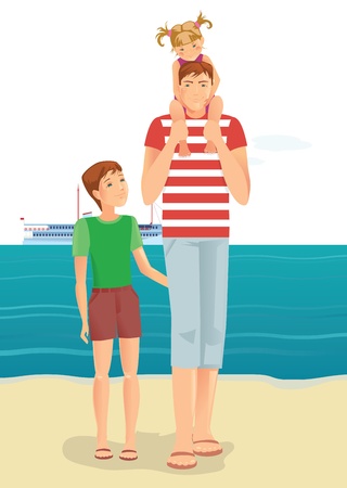 A man with little girl and boy on beachのイラスト素材