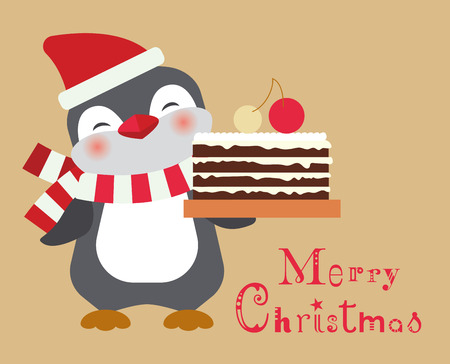 Merry Christmas penguin with cake - greeting cardのイラスト素材