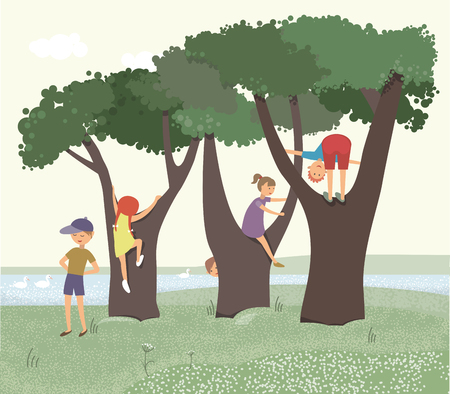 Children playing on lawn with trees. Vector illustrationのイラスト素材