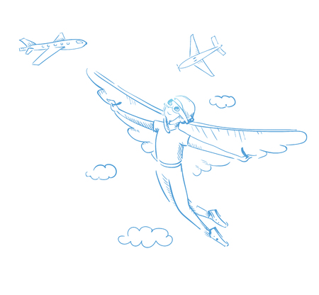 Reaching a dream. A boy with wings flying towards his dream. Outline illustration contour; vectorのイラスト素材