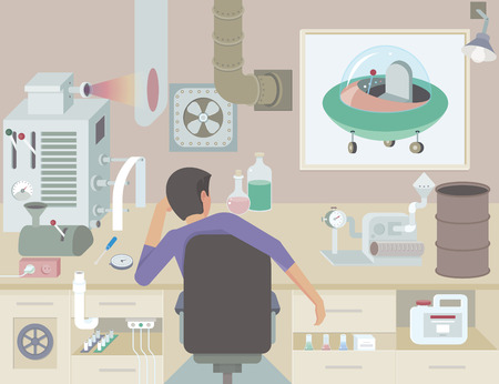 The inventor at work. A scientist thinks of inventing new thingsのイラスト素材