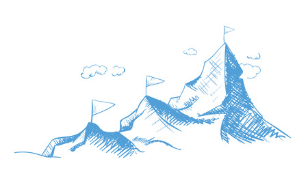 Reaching a dream. Move up and forward. Mountains and conquered peaks. Outline illustrationのイラスト素材