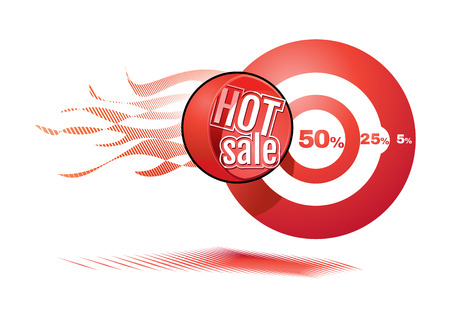 red cannonball with "hot sale" tag flying in target with discountのイラスト素材