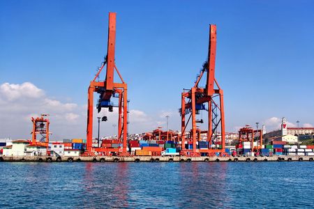 Container terminal in port of Istanbulの写真素材
