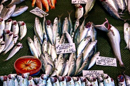 Fresh fish on display at market on saleの写真素材