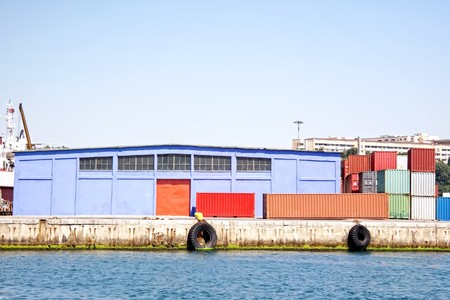 Warehouse in an industrial harborの写真素材