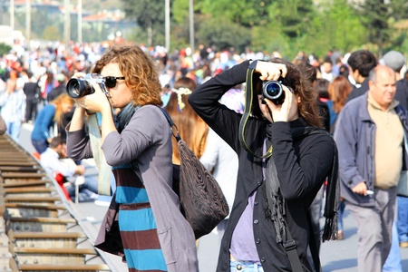 Istanbul, Turkey - October 17, 2010 : Thousands of people make their way through Bosporus suspended bridge during the 32nd Intercontinental Eurasia Marathon run.のeditorial素材