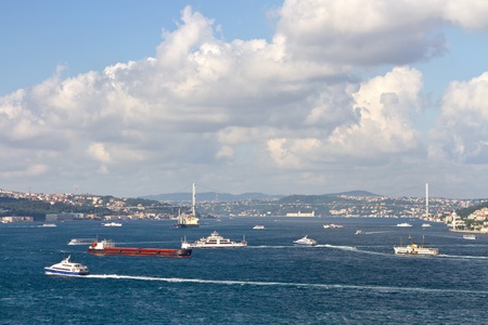 Complex sea traffic at Bosporus, Istanbulの写真素材
