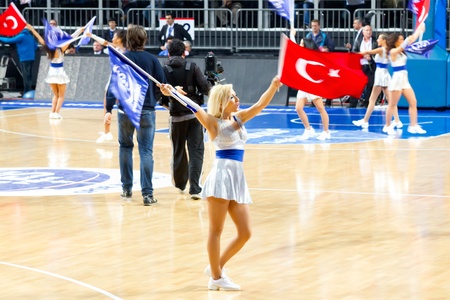 ISTANBUL - JANUARY 20: Efes Pilsen Cheerleaders perform routines at THY Euroleage Top 16 Championship basketball game Efes Pilsen vs Montepaschi Siena January 20, 2011 in Istanbulのeditorial素材