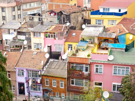 Aerial view of terraced housing in suburb of Ortakoy near Bosporus in Istanbul, Turkeyの写真素材