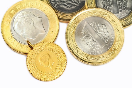 Turkish Gold Coin. 1/4 Cumhuriyet, isolated on white background の写真素材
