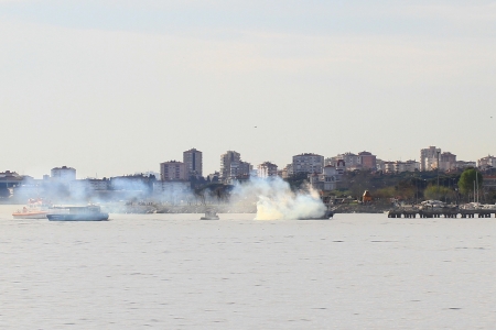 ISTANBUL - APR 2: Passenger ship MAVI MARMARAs SABRET caught fire while off the Prince Islands...