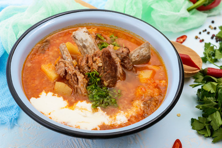 Traditional national Ukrainian vegetable soup: borsch with pork ribs on a light background.の写真素材