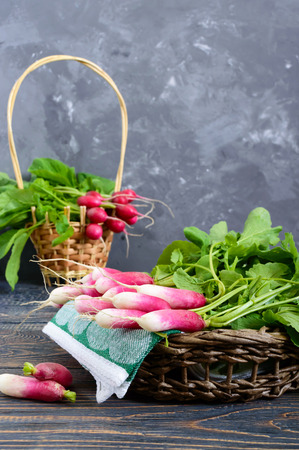 Summer harvested red radish. Growing organic vegetables. Large bunch of raw fresh juicy garden radish in the basket on wooden background ready to eat. Closeup.の写真素材