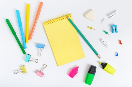 School accessories on a white background. Back to school concept. Office and student supplies. Free space for your project. The top view. Flat lay.の写真素材