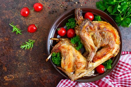 Whole baked rabbit with greens and tomatoes on a plate. Tasty dietary meat. Top view, flat lay.の写真素材