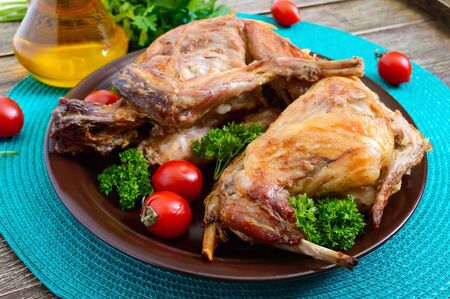 Whole baked rabbit with greens and tomatoes on a plate. Tasty dietary meat.の写真素材