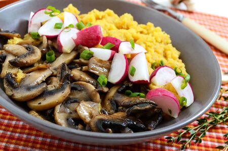 Lentil porridge with mushrooms, radish in a bowl on a white background. Dietary, lean menu. Vegetarian dish.の写真素材