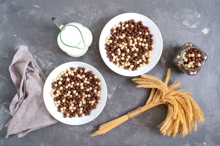 Wholegrain chocolate, milk balls and milk. Healthy cereal breakfast. Baby breakfast. Baby eating. Balanced diet.の写真素材