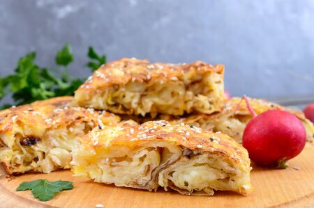 Burek Turkish pie. Lavash puff pie with cheese and sesame seedsの写真素材