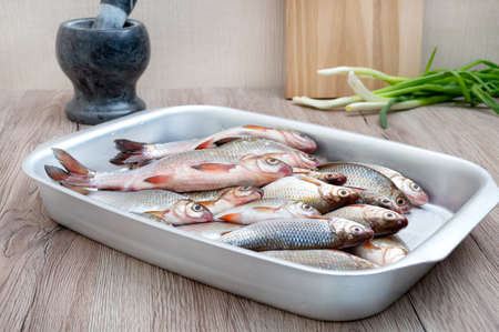 Fresh catch of river fish in a bowl on the table. Healthy food concept. Proper nutrition.の写真素材