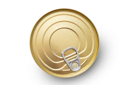 Closed tin can of golden color with ring pull, isolated on white background. Top view, flat lay.