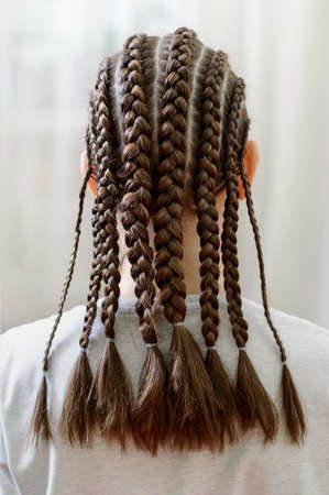 French style hairstyles, many braids braided girl. vertical view. rear view.の写真素材