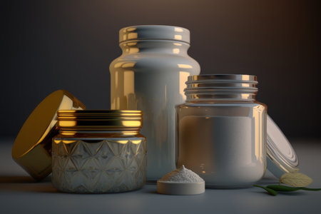 Jars with cosmetics on a dark background. AI generative. illustration in photorealistic style.の素材
