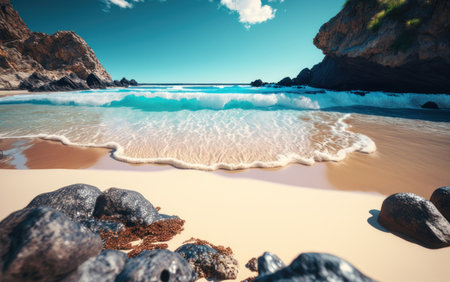 Beautiful beach and waves. AI generative. illustration in photorealistic style.の素材