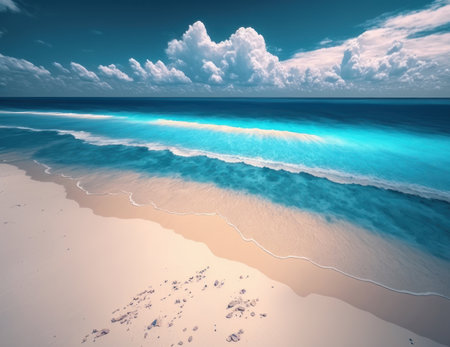 Beautiful beach, blue water and sand. AI generative. illustration in photorealistic style.の素材