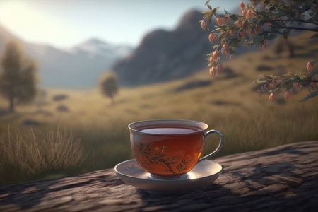 Black tea in a cup in nature. AI generative. illustration in photorealistic style.の素材