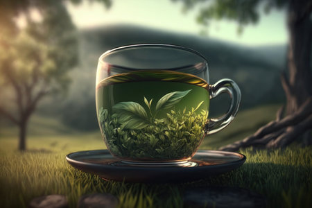 Green tea in a cup in the forest. AI generative. illustration in photorealistic style.の素材