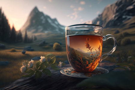 Black tea in nature. AI generative. illustration in photorealistic style.の素材